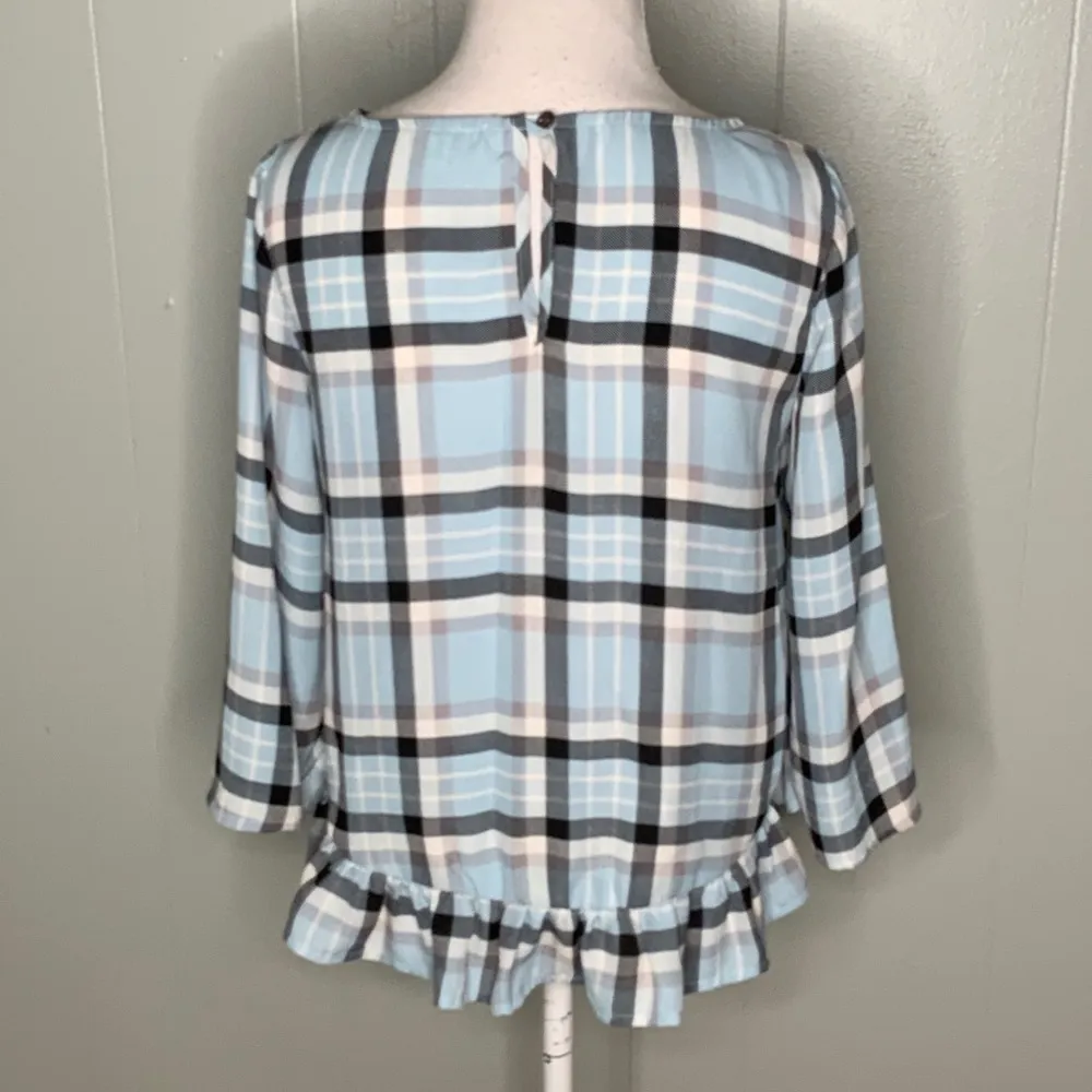 Gianni Bini Blue Plaid Crop Top Wide Sleeves Ruffle Hem Dainty Blouse S - Image 5