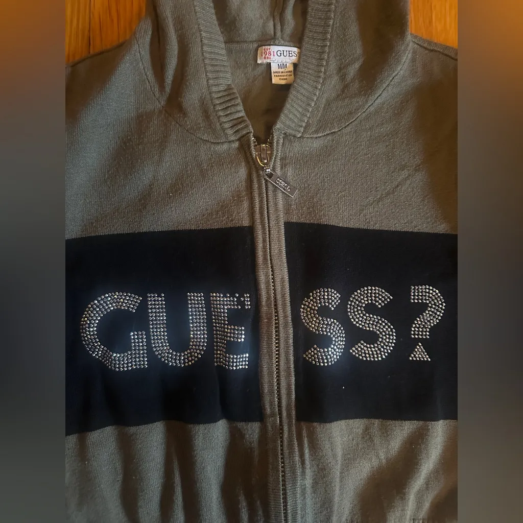 Vintage Y2K GUESS Olive & Black Gemstone Sweater Hoodie, Size M - Image 4