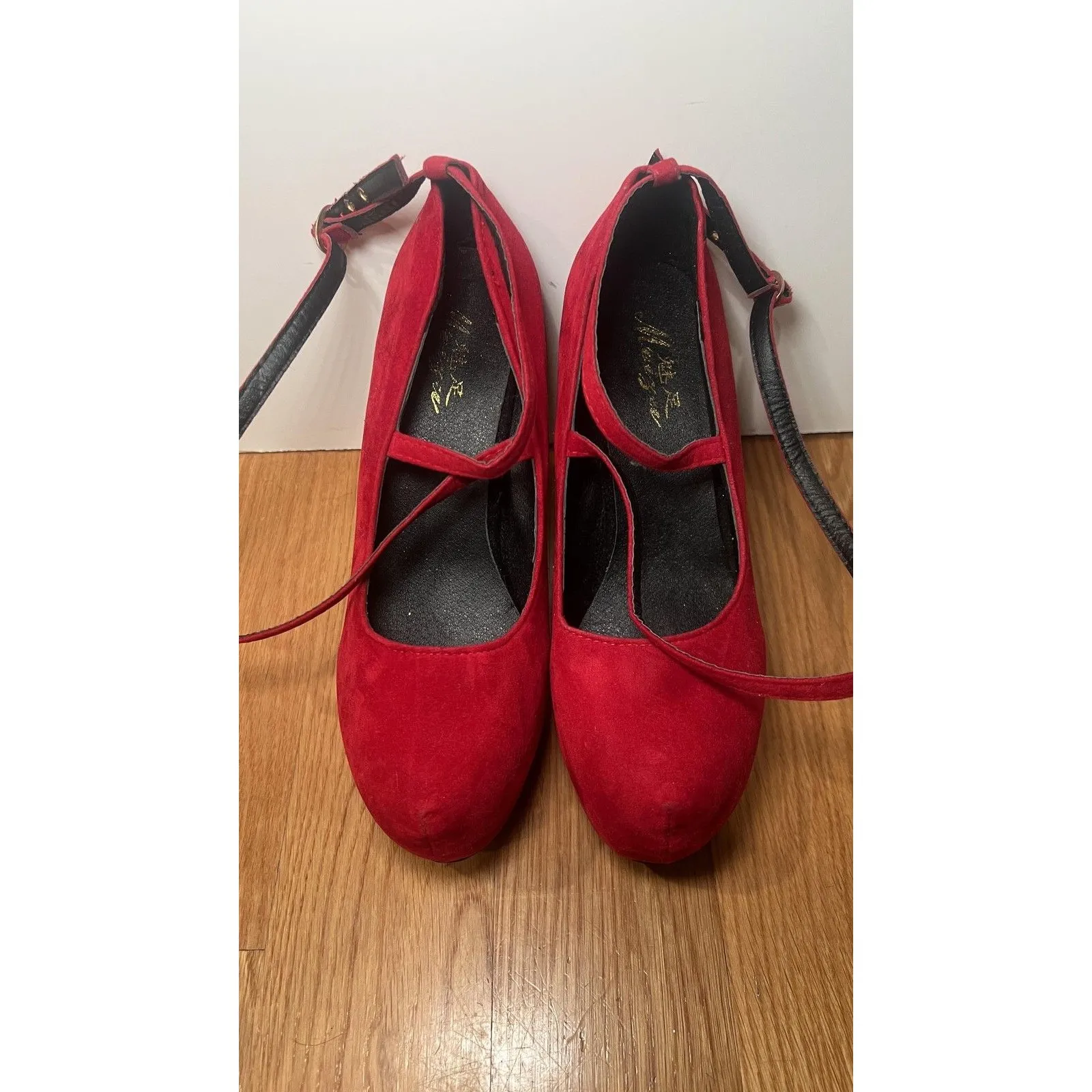 Mary Jane Platform Shoes Womens Size 7.5 Red Suede Ankle Strap Stiletto Pumps - Image 3
