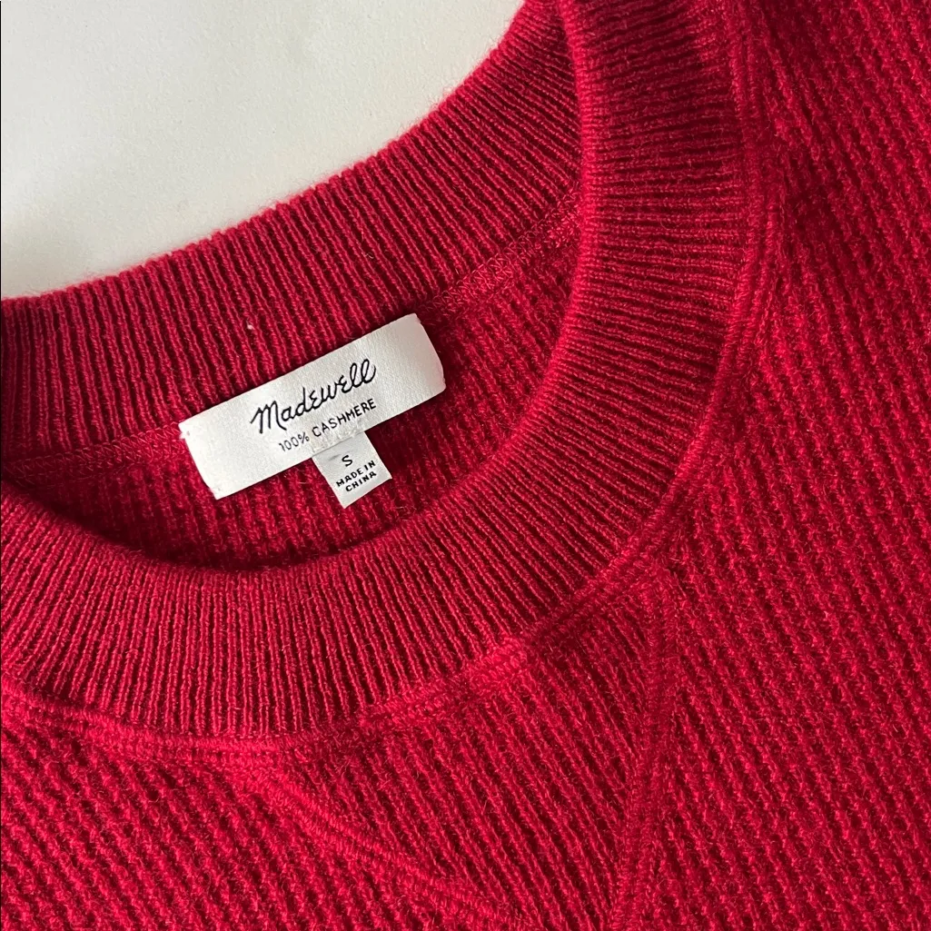 Madewell 100% Cashmere Red Thermal Waffle Knit Crewneck Sweater Sz S - Image 5