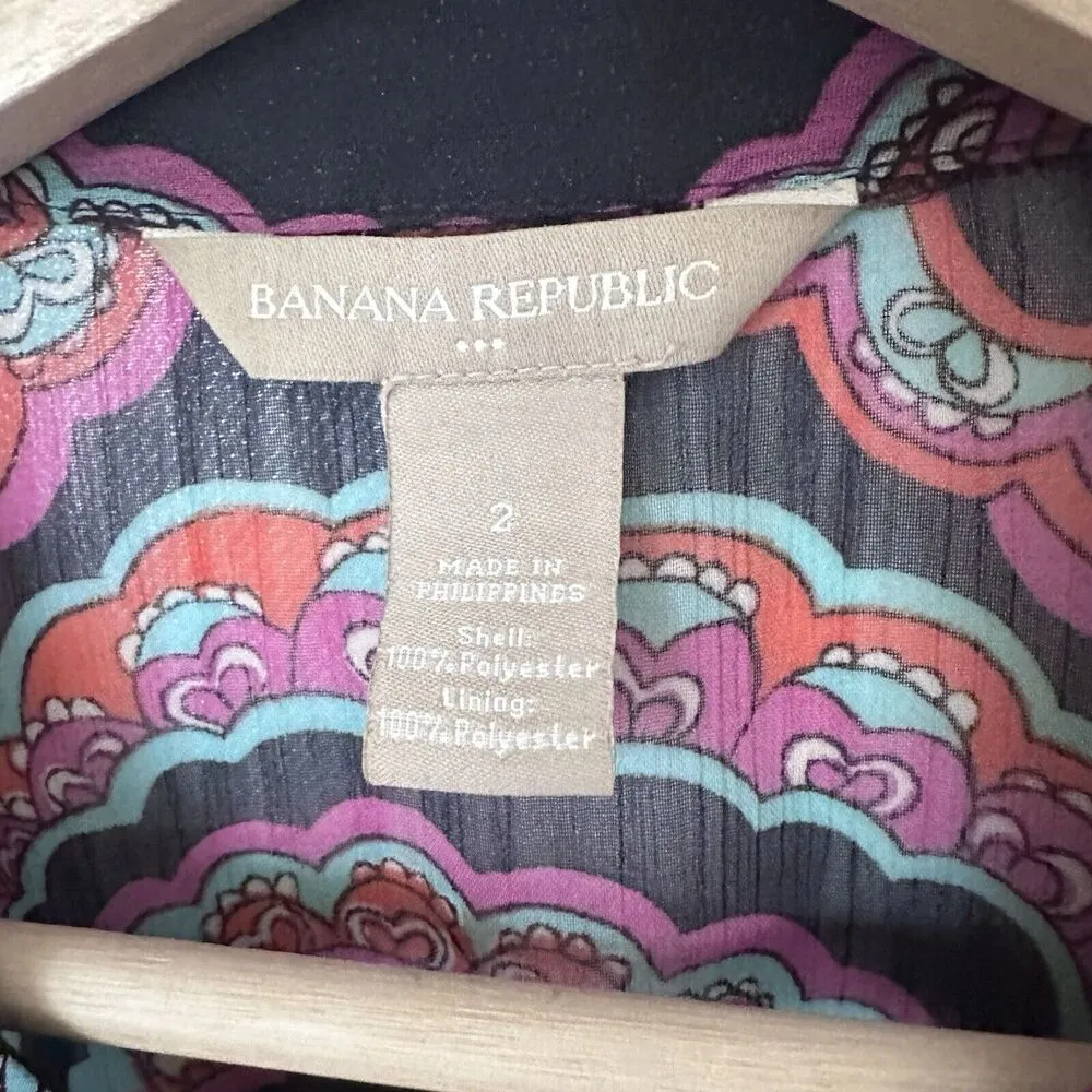 Banana Republic Dress Midi Collar Floral Paisley Tie Waist Sheer Casual … - Image 3