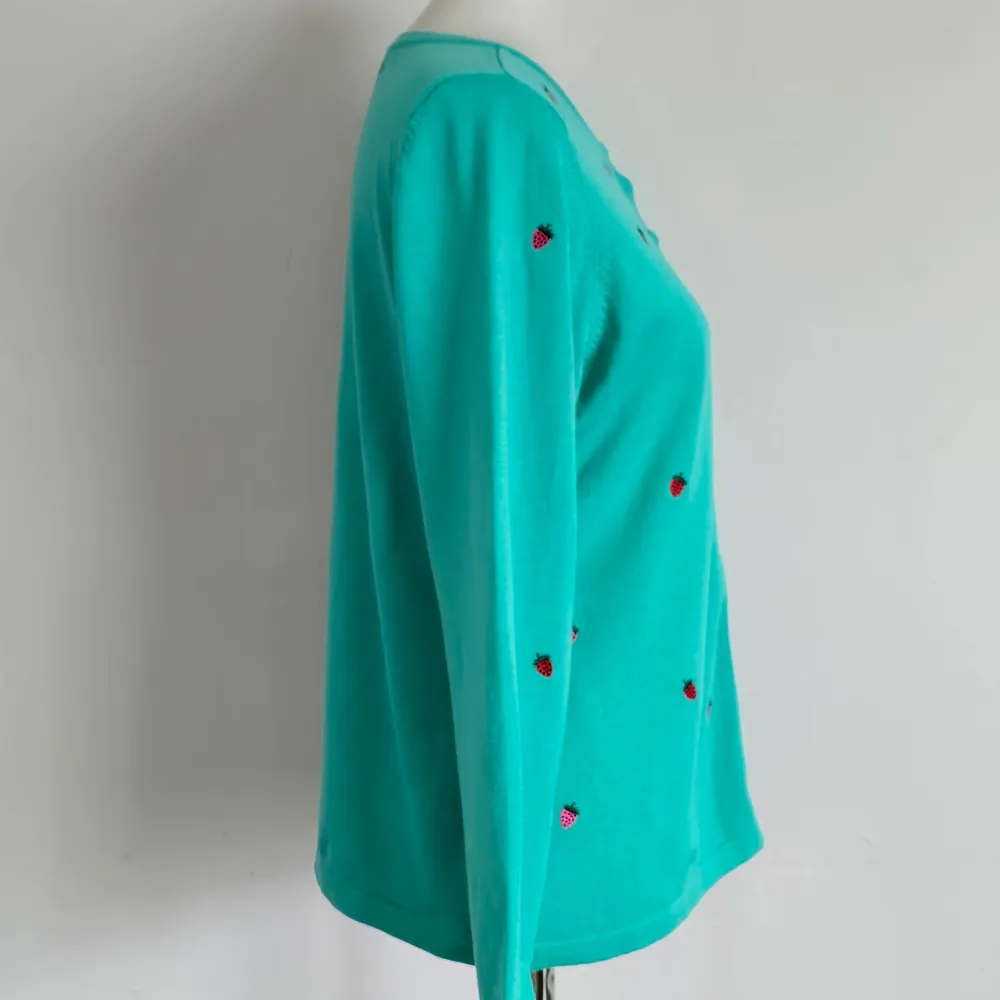 Christopher & Banks Soft Turquiose Strawberry Embroidered Cardigan Size Large - Image 5