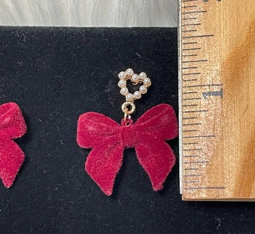 Red Bow Earrings with Pearl Accents - Image 3