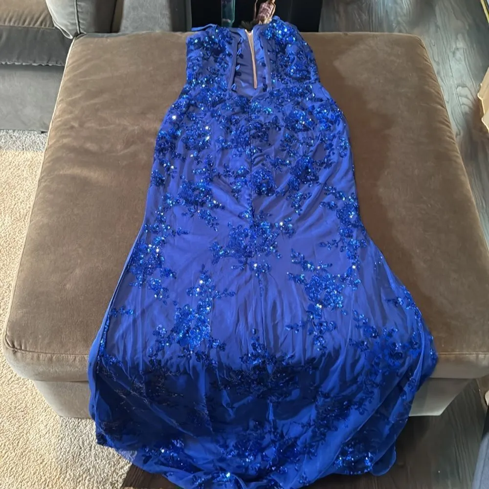Women’s Blue Sparkly Mermaid Fit Prom Party Dress Criss Cross Straps Size 4 - Image 9
