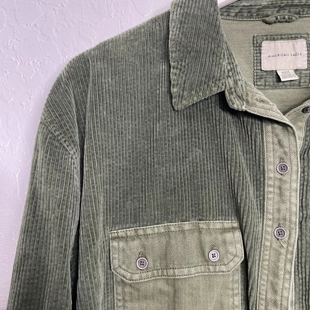 American Eagle Women M Green Corduroy Canvas Button Front Shirt 100% Cotton - Image 4