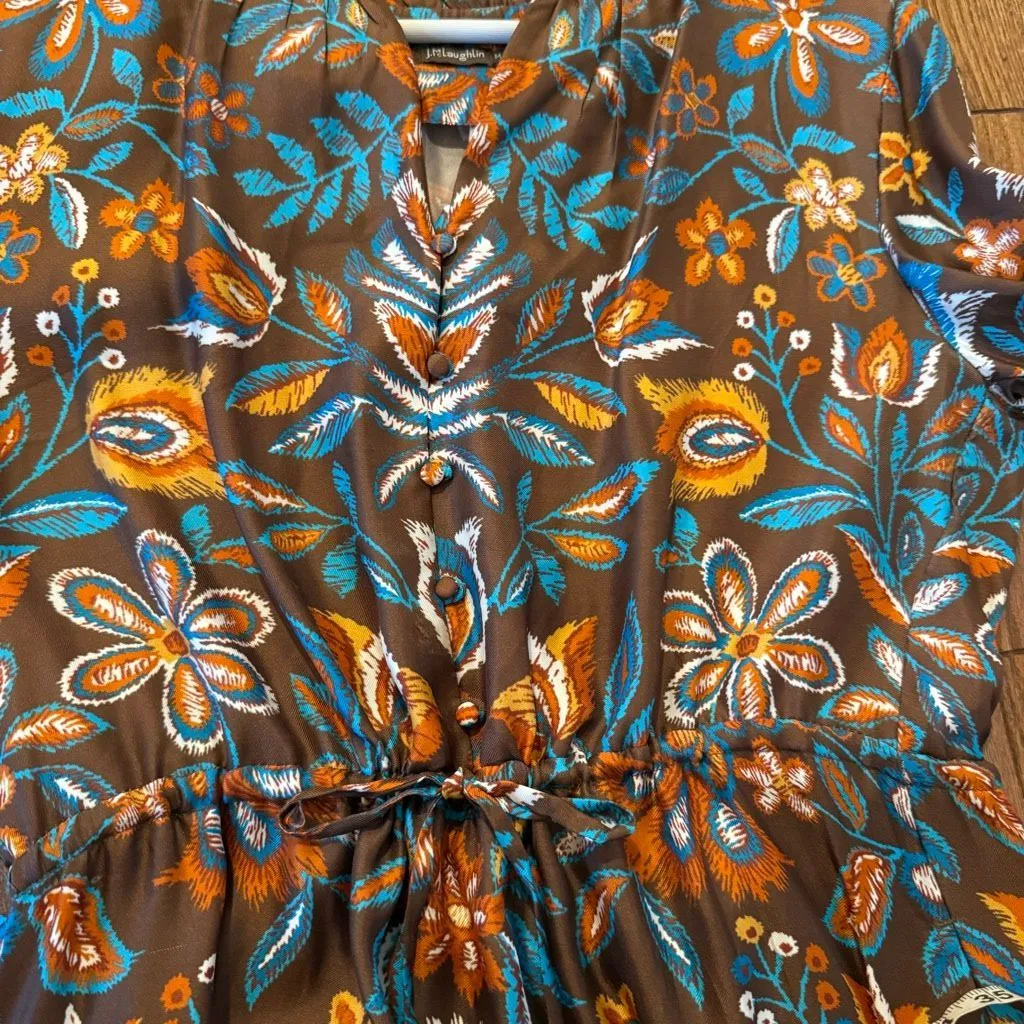 J.McLaughlin Mercer silk blend cinch waist brown floral midi dress M - Image 12