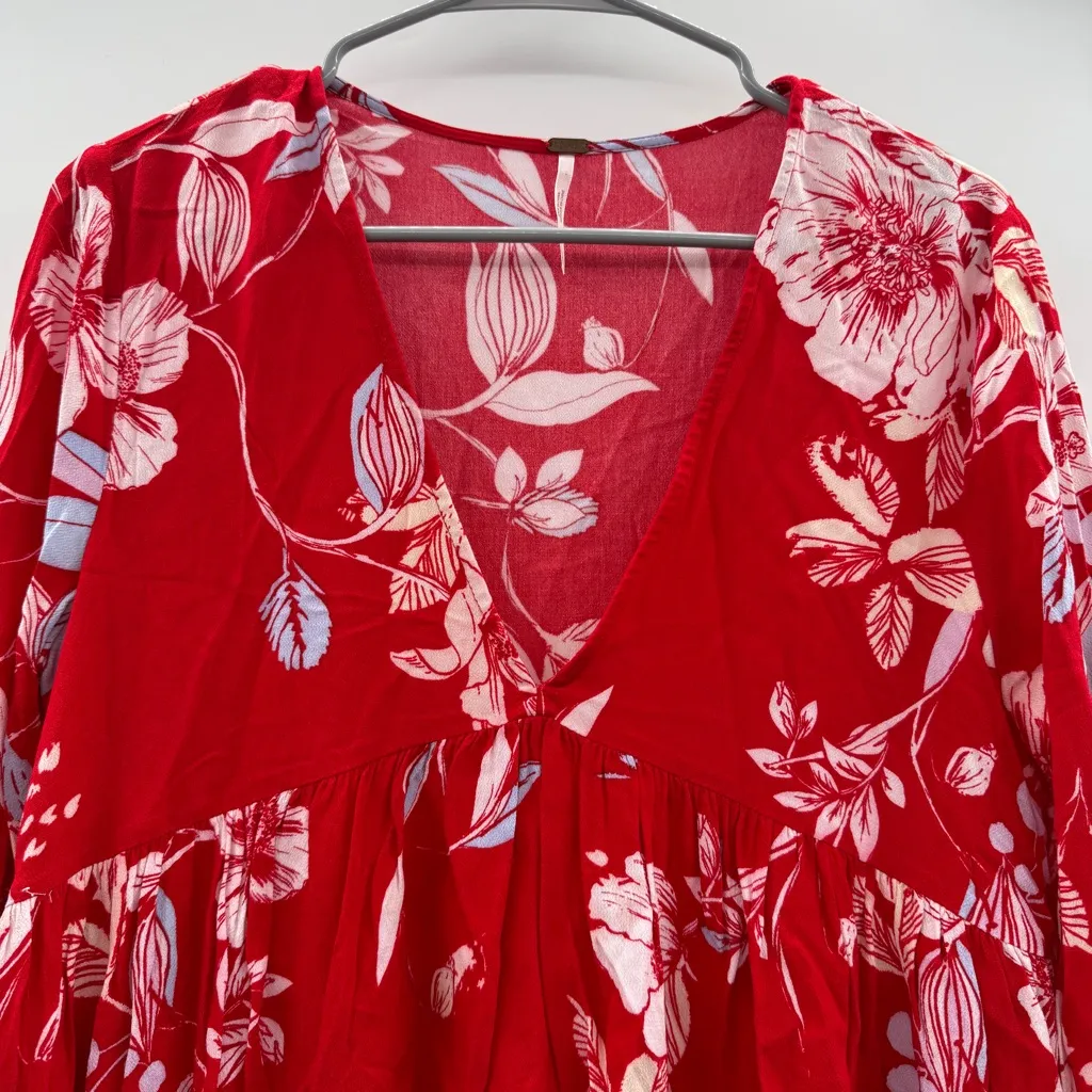 Free People Bella Red & White Floral‎ Print Long Sleeve V Neck Tunic Top Sz S - Image 3