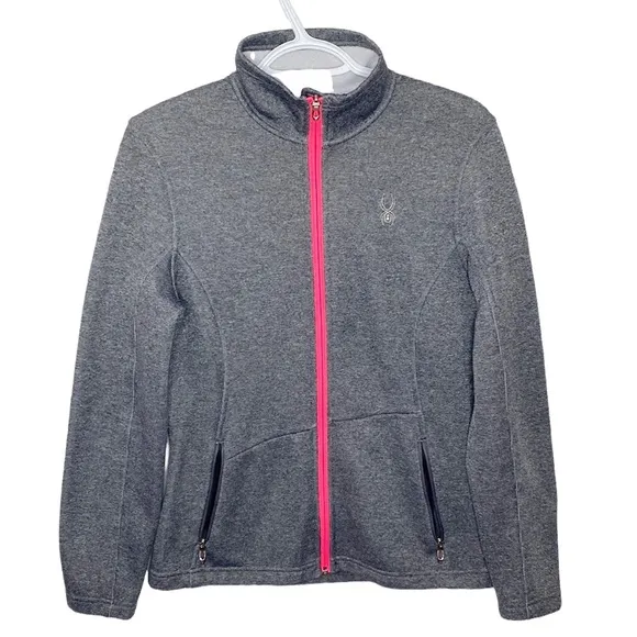 Spyder core sweater heathered grey and neon pink full zip soft shell jacket sz L - Image 17
