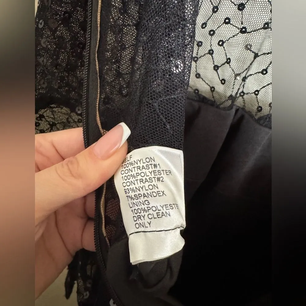 Tadashi Shoji Lace Sequin Ruched Illusion Long Sleeve Dress Sz Large Black NEW - Image 9