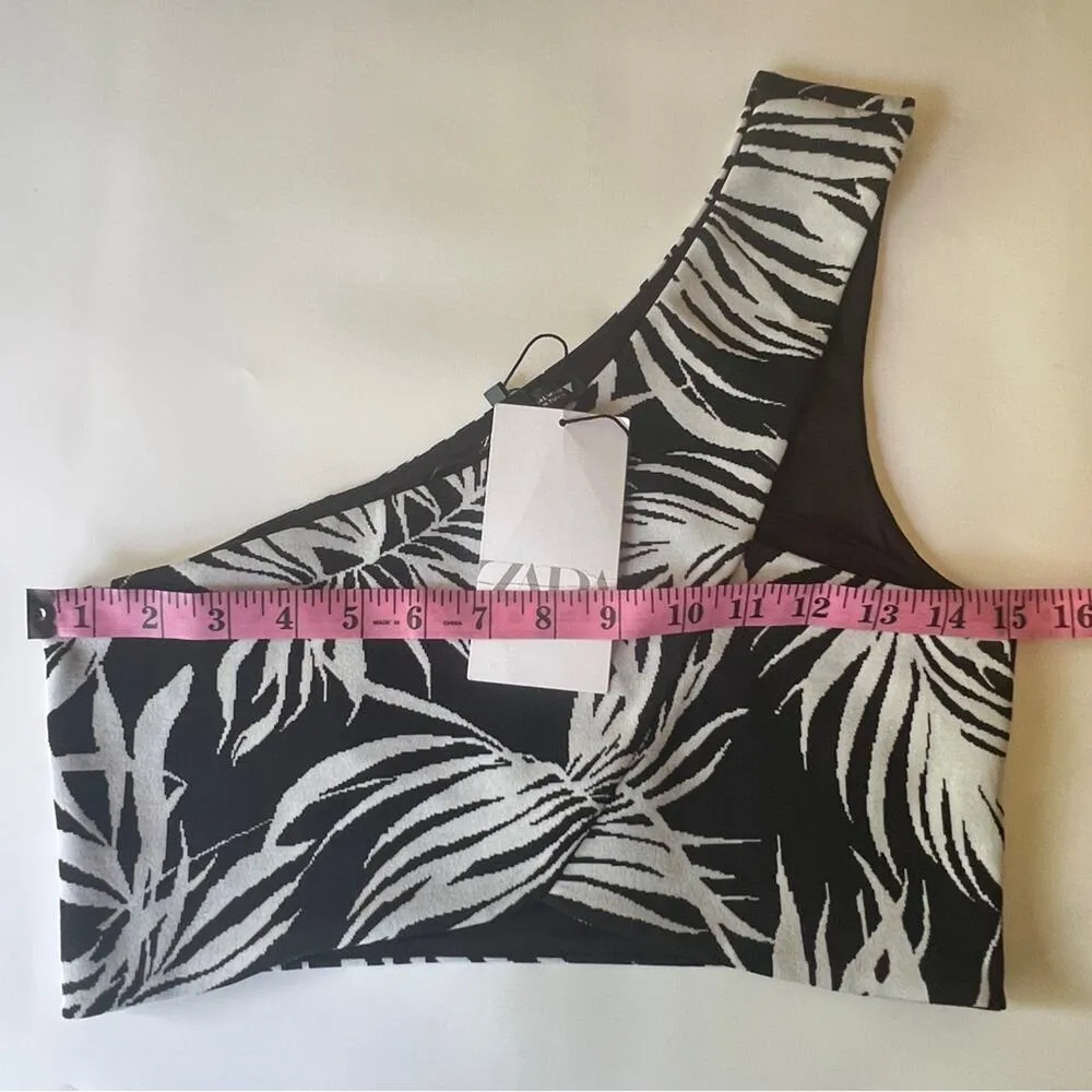 Zara Women’s One Shoulder Palm Print Jacquard Cross Over Crop Top Sz M NWT - Image 2