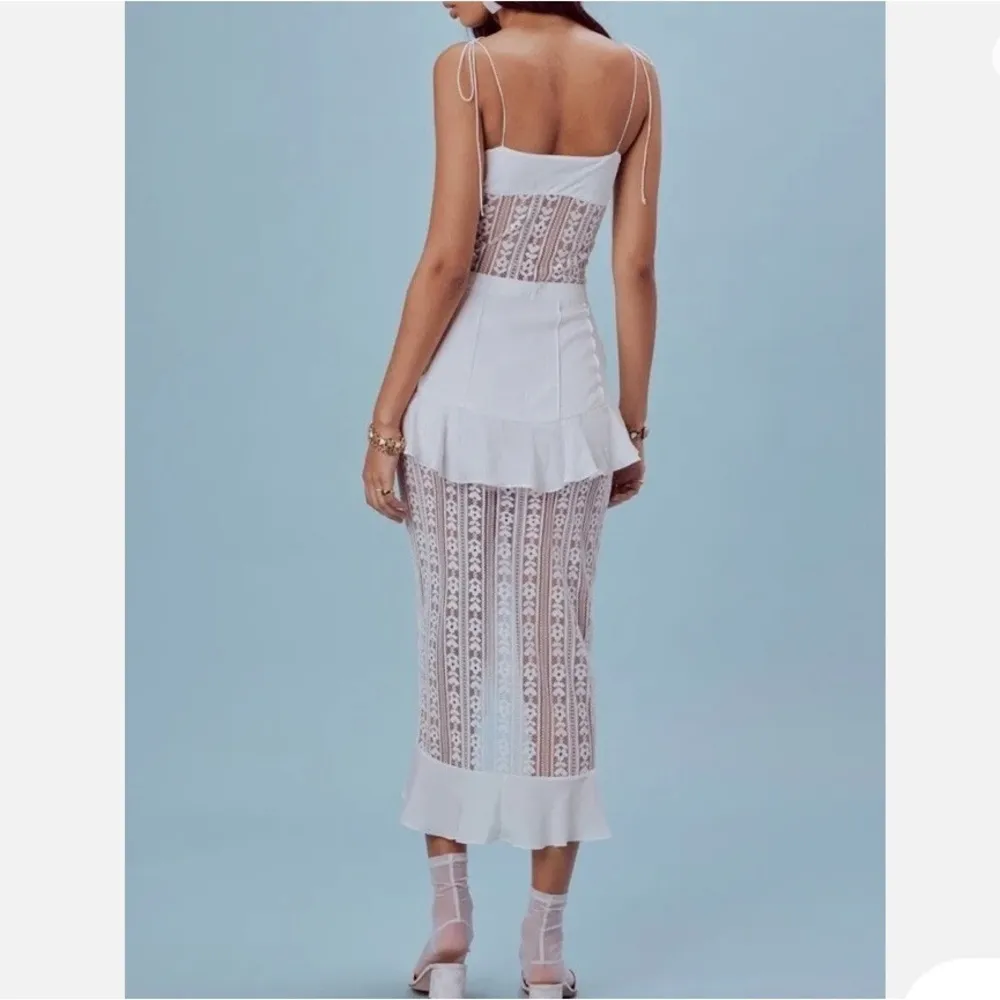 For Love & Lemons Lovebird Lace Midi Dress Sexy Sheer Skirt XLarge Sage 80s - Image 5