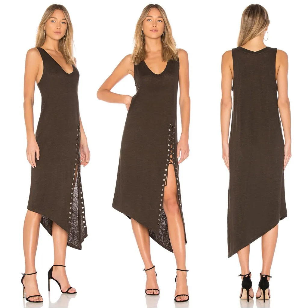 IRO • Karossi Dress brown linen knit tank maxi sleeveless asymmetrical lace-up - Image 2