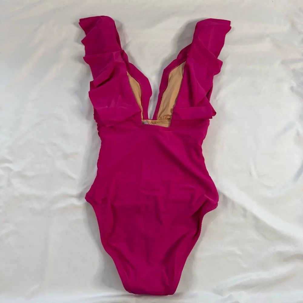 NWT J Crew Ruched Ruffle One Piece Swimsuit Pink Size 10 V Neck Barbie Bright - Image 5
