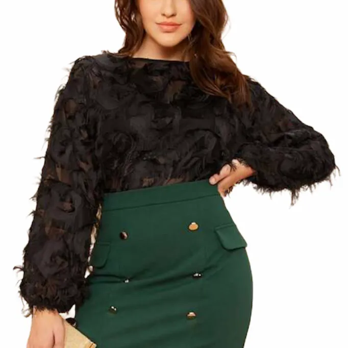 Fringe Patch Mesh Blouse - Image 4