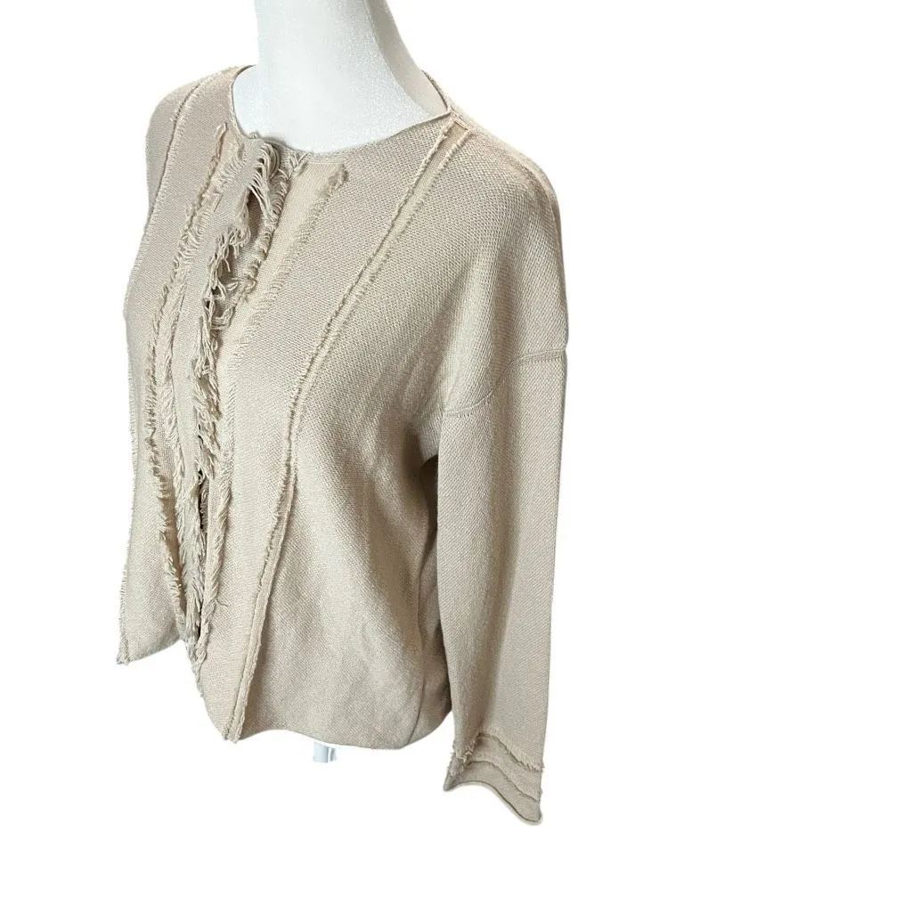 Lamberto Losani Beige Cashmere Cotton Fringe Snap Cardigan Jacket Medium Tan - Image 4