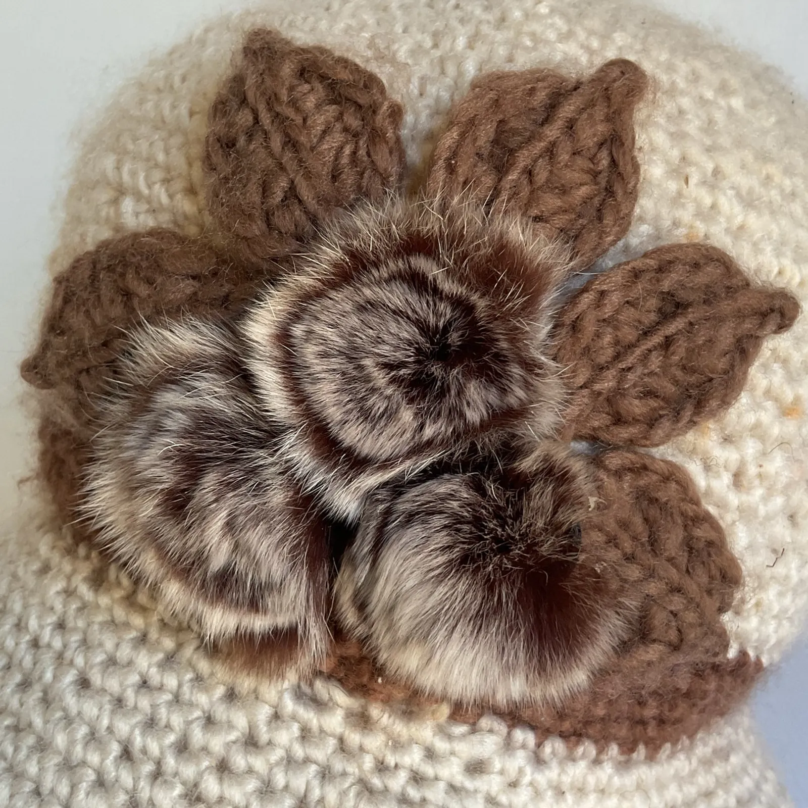 Vintage Bucket Hat Sherpa Crochet Cloche Cream Brown with Faux Fur Flower Accent - Image 4