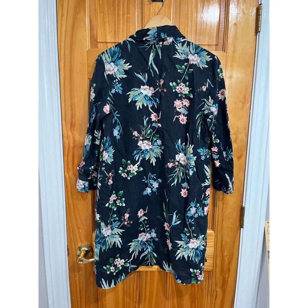 Johnny Was Workshop Linen Dark Blue Floral Print Long Sleeve Duster Jacket Small - Image 5