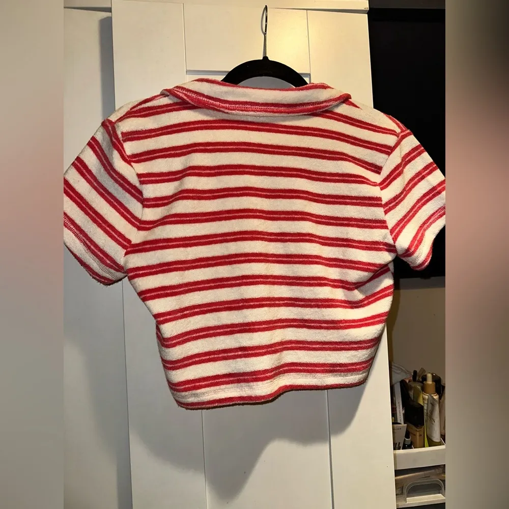 NEW OUT FROM UNDER Airy Terry Cropped Polo Shirt Top In Pink Combo Size XL - Image 2