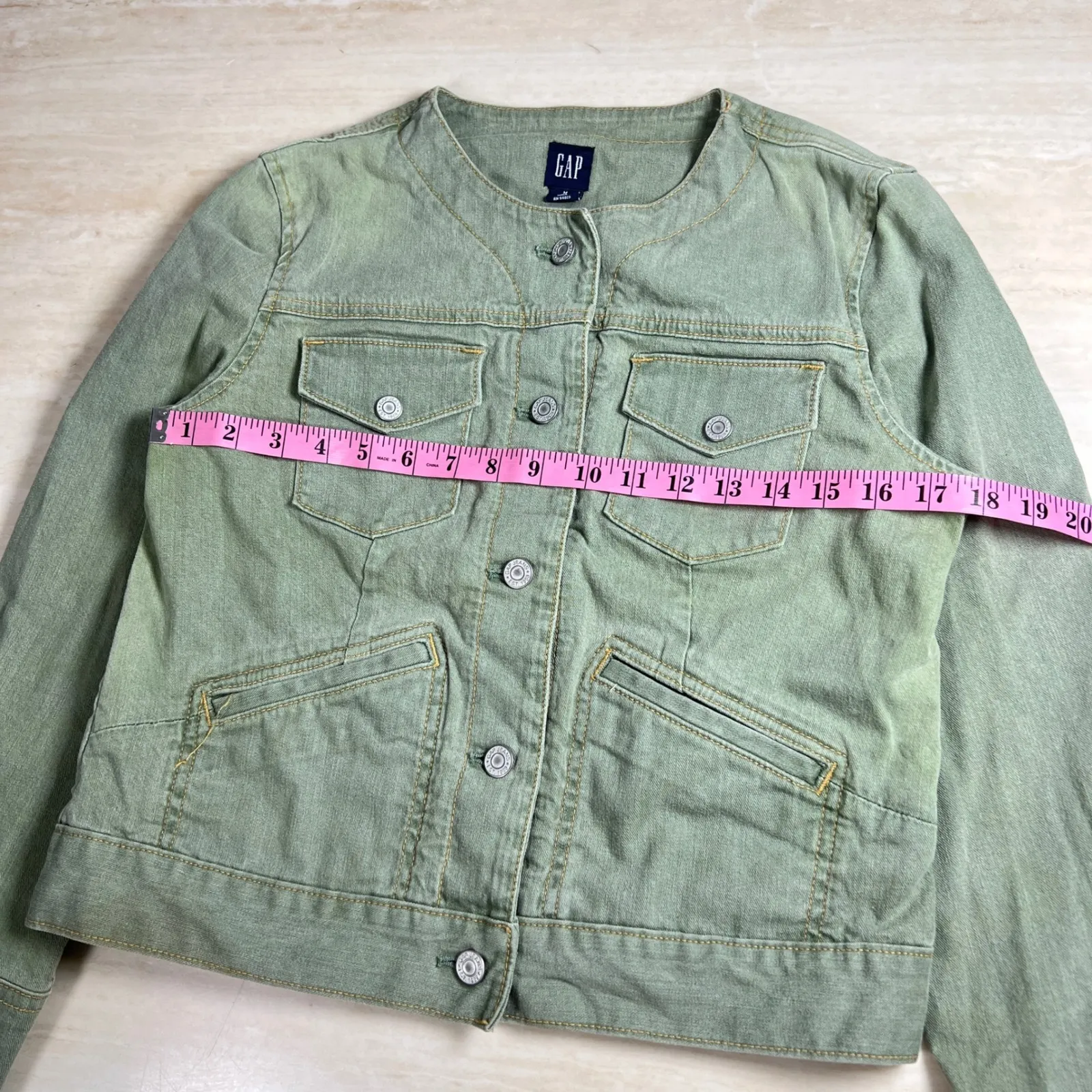 GAP Women's Green Denim Jacket Collarless Button Front Size M - Image 6