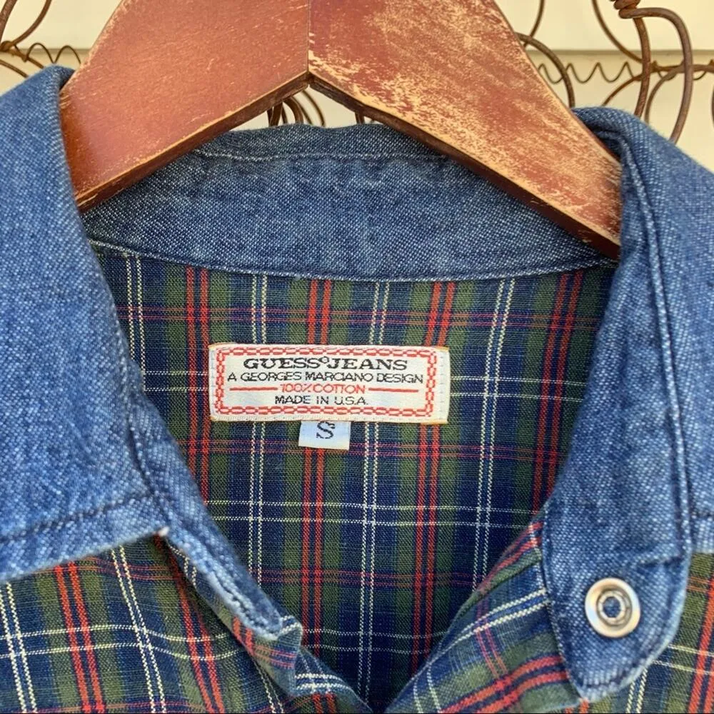 VTG 90s Guess Jeans plaid flannel and denim button up long sleeve shirt SMALL - Image 2