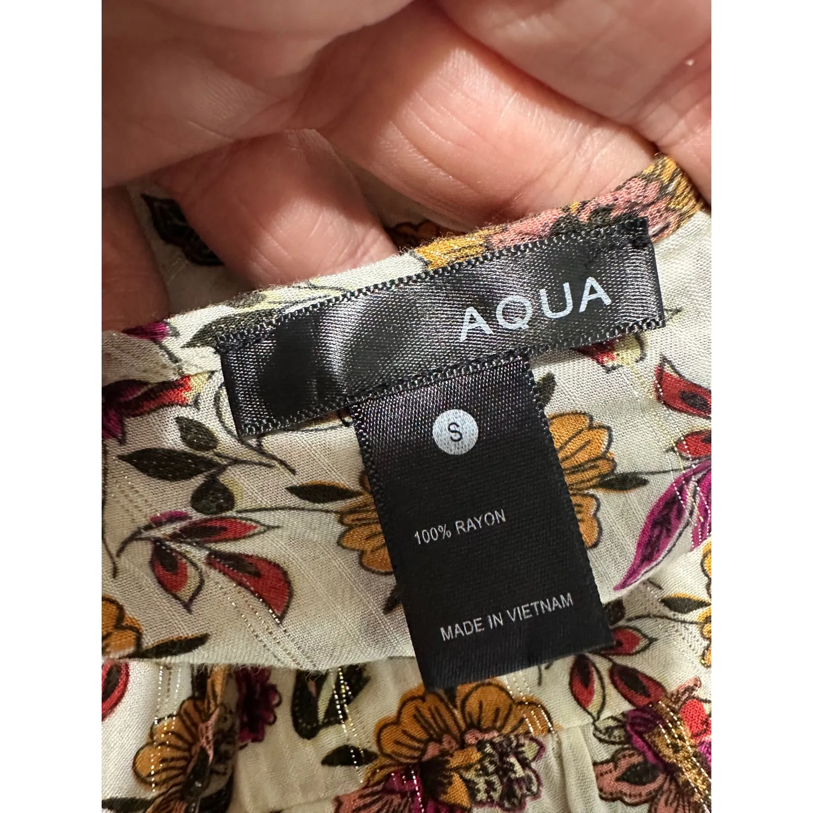 Aqua Floral Print Tie Neck Puff Sleeve Blouse Top Women's‎ Size S Rayon - Image 6