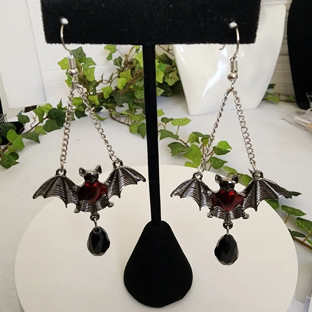 Silver Bat Chandelier Earrings with Crystal New Red - Image 3