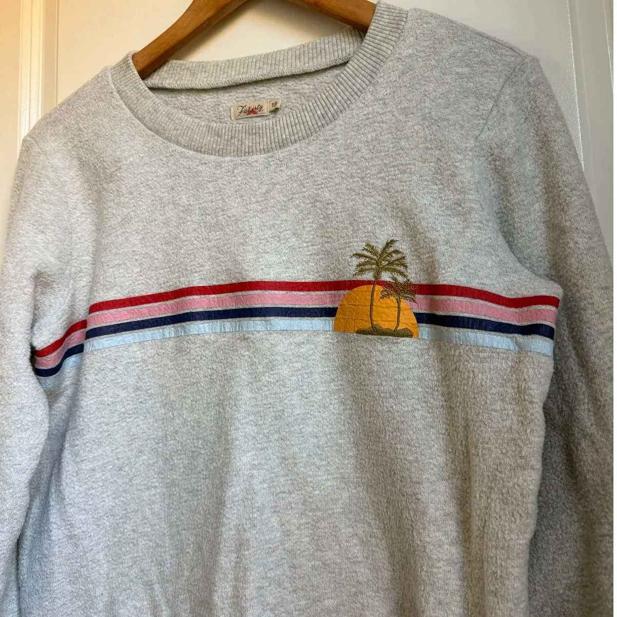 Faherty Gray Horizontal Stripe Palm Tree Vacation Sweater‎ Beach Boho Size Small - Image 2