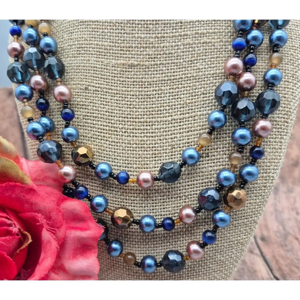 Pretty Esmor Multi Strand Glass Bead Necklace Jewel Tones Blue Gold 22" - Image 5