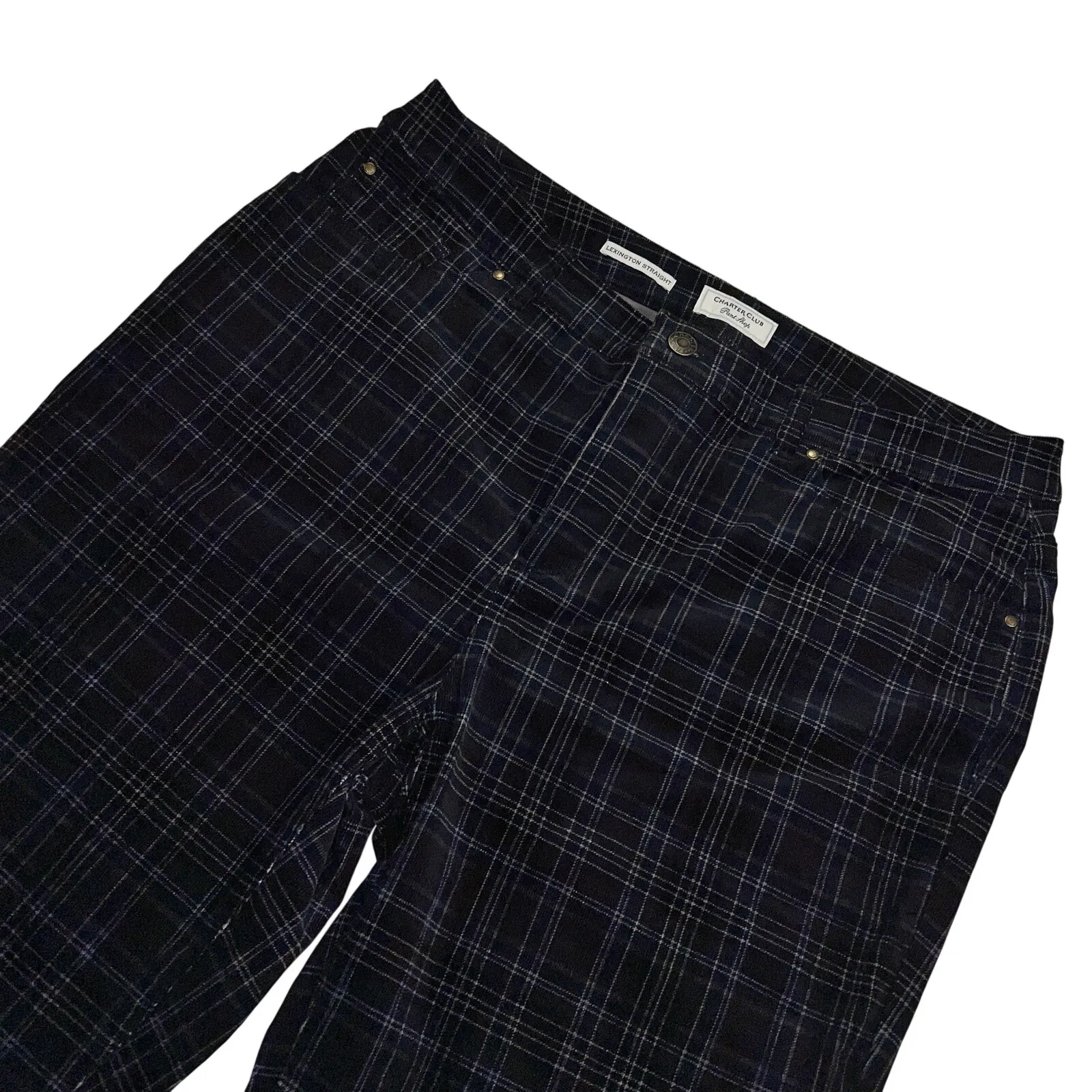 Charter Club Lexington Straight Leg Navy Blue/Black Plaid Corduroy Pants Size 12 - Image 2
