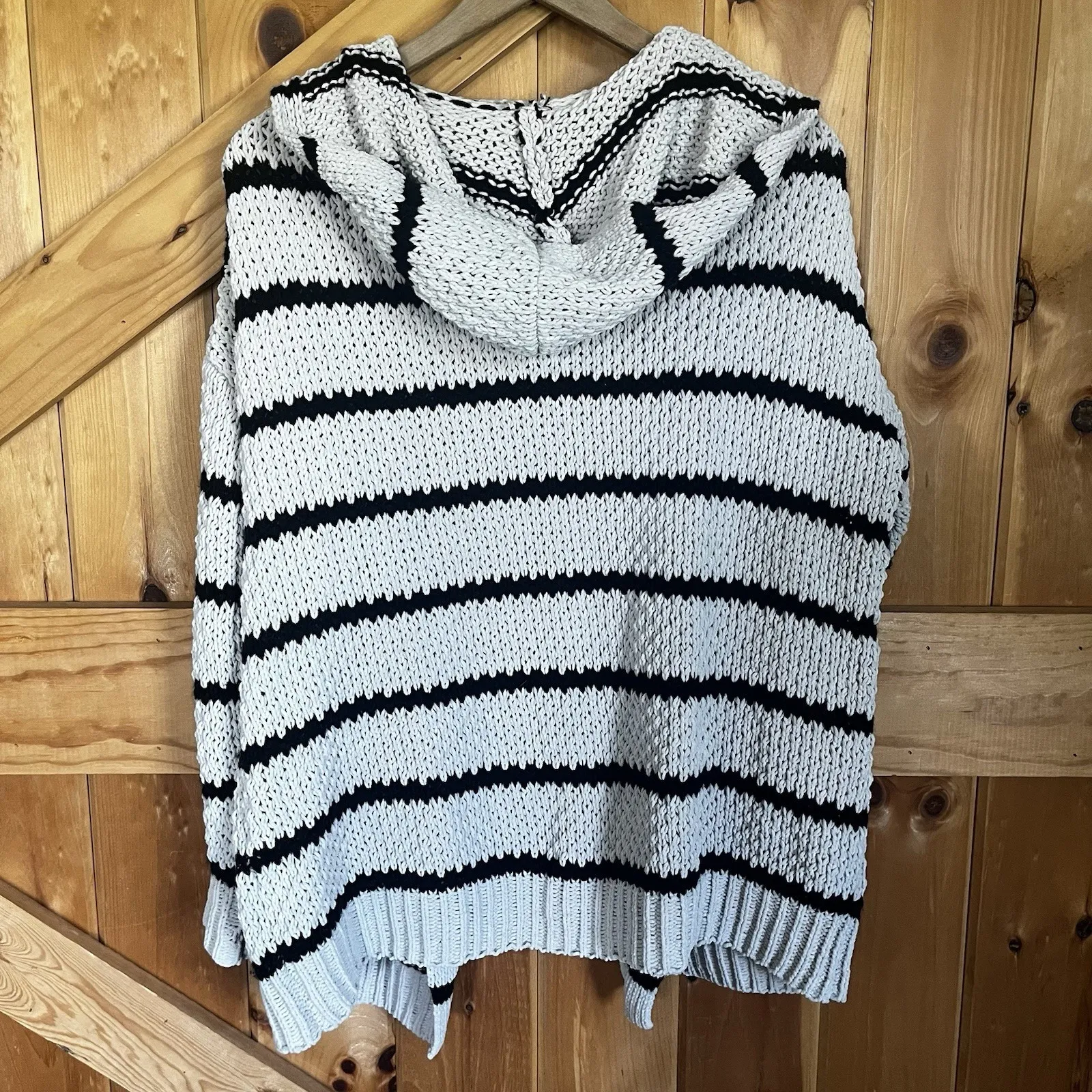 Rewind Woman's Medium Knit Cardigan Hooded Long Sleeve Cream Beige Black Stripes - Image 9