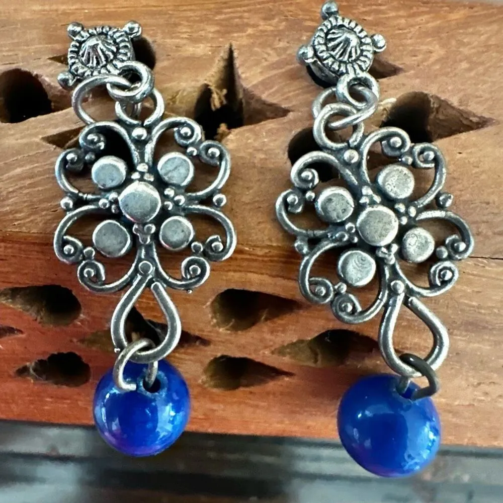 Vintage Sterling Silver Filigree Earrings with Cobalt Blue Beads - Image 4