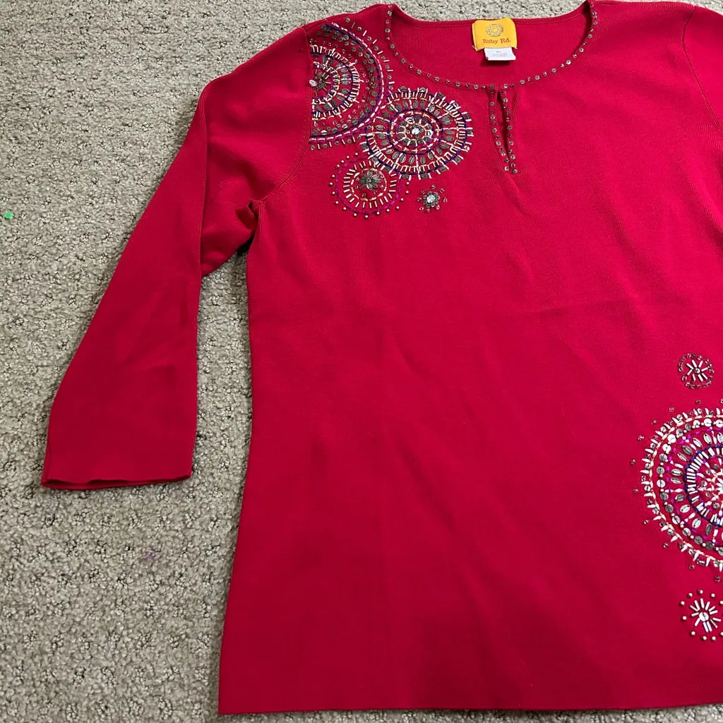 Ruby Rd. Red Knit Embellished Sweater Top XL 3/4 Sleeve Beaded Mandala - Image 2
