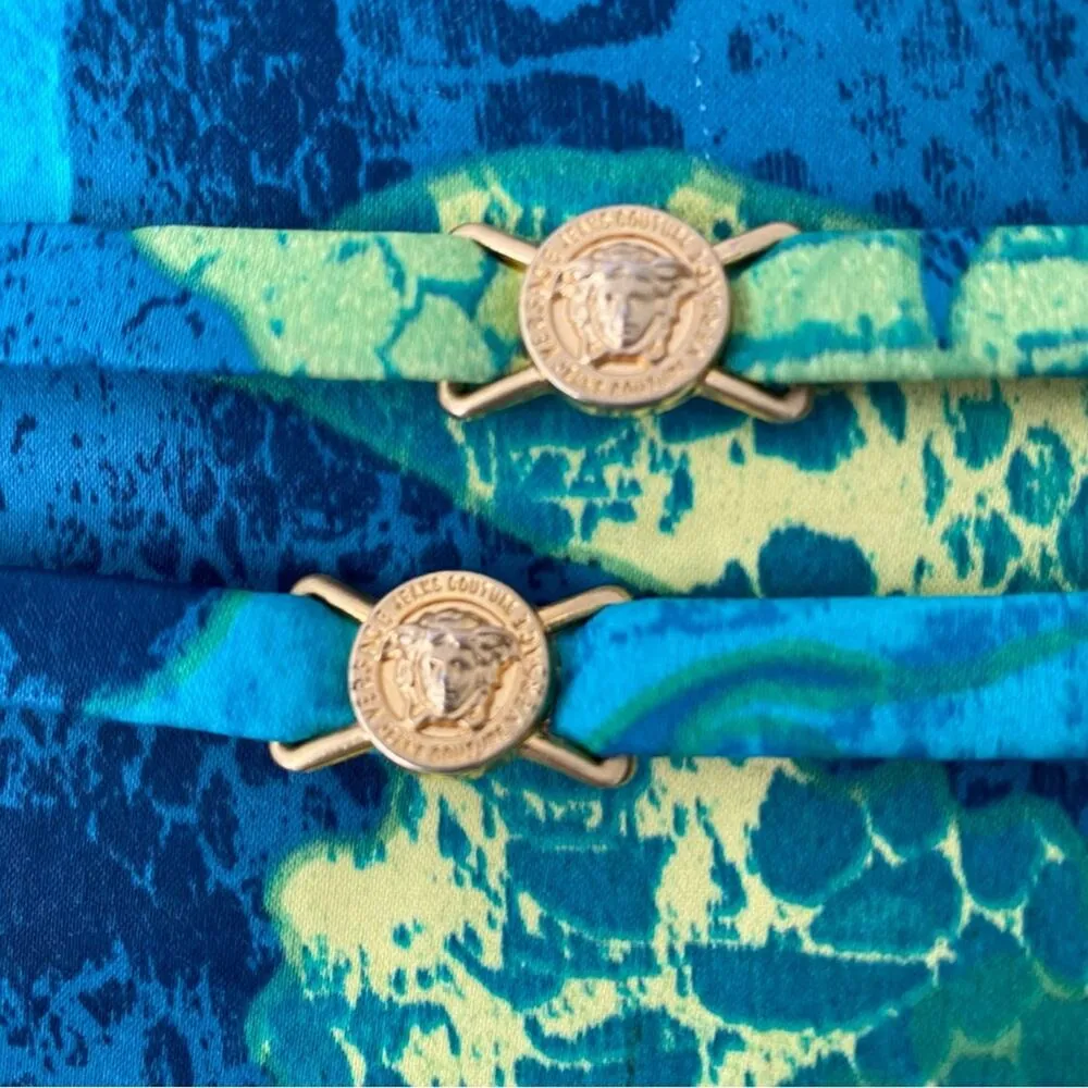 Versace Jeans Couture Green Blue Gold Logo Attached Belt Skirt size 42 US 28 - Image 6