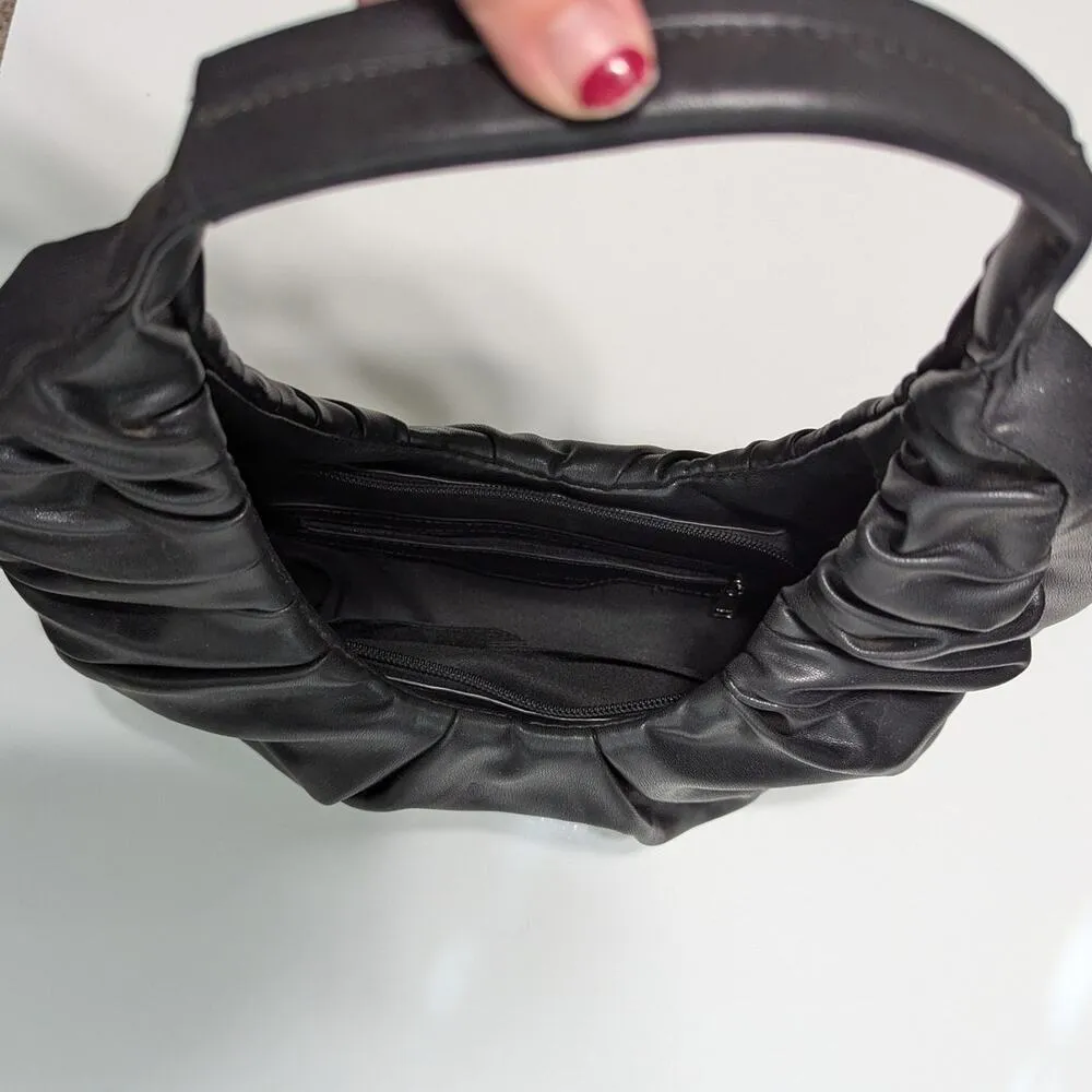 Badgley Mischka Pleated Shoulder Bag Hobo Purse Vegan Leather Black Half Moon - Image 5