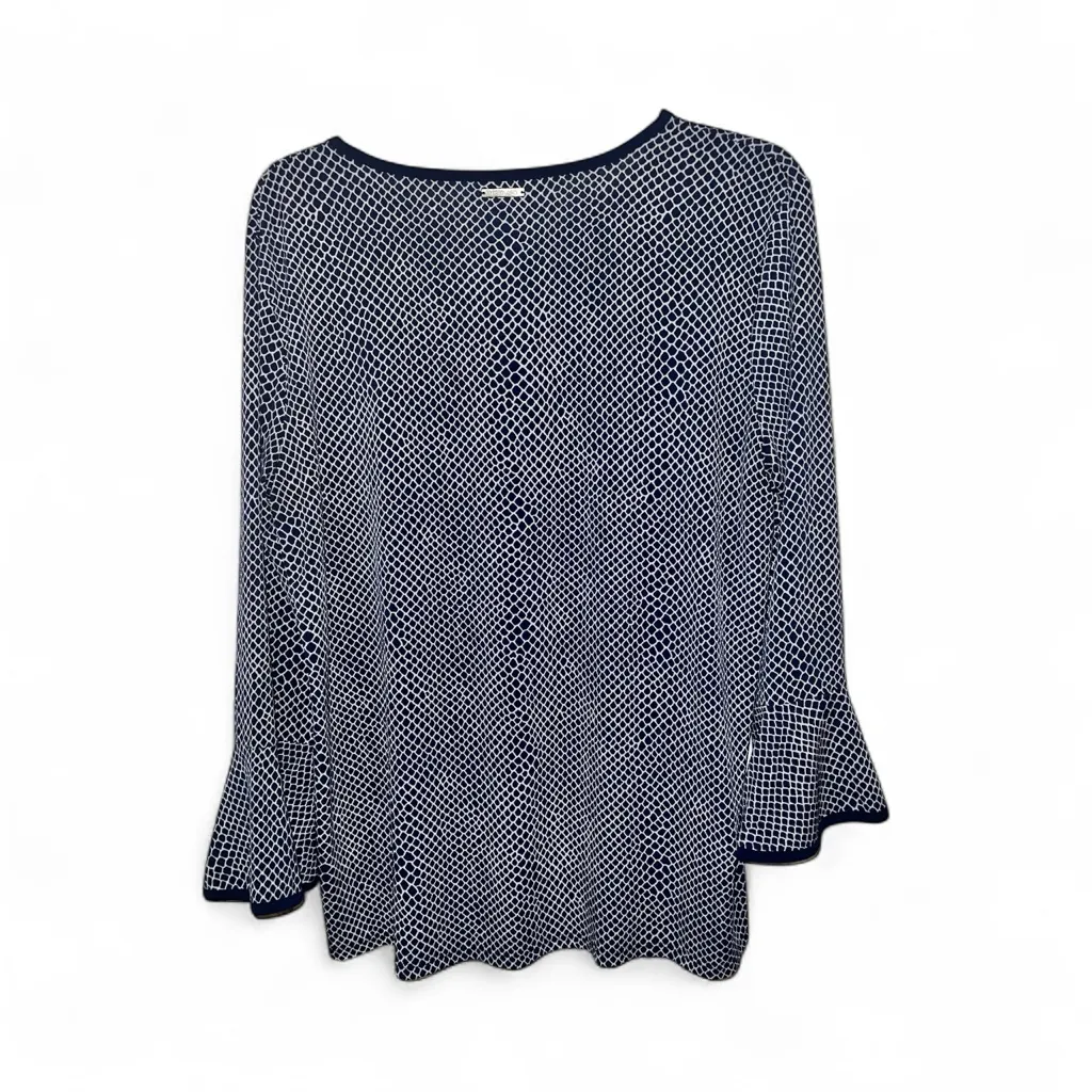 Michael Michael Kors Navy and White Patterned Blouse long bell sleeves EUC - Image 4