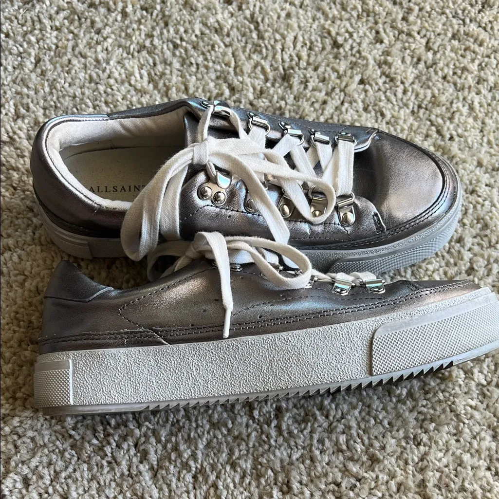 All Saints Quinn Metallic Silver Sneakers with White Laces - Image 12