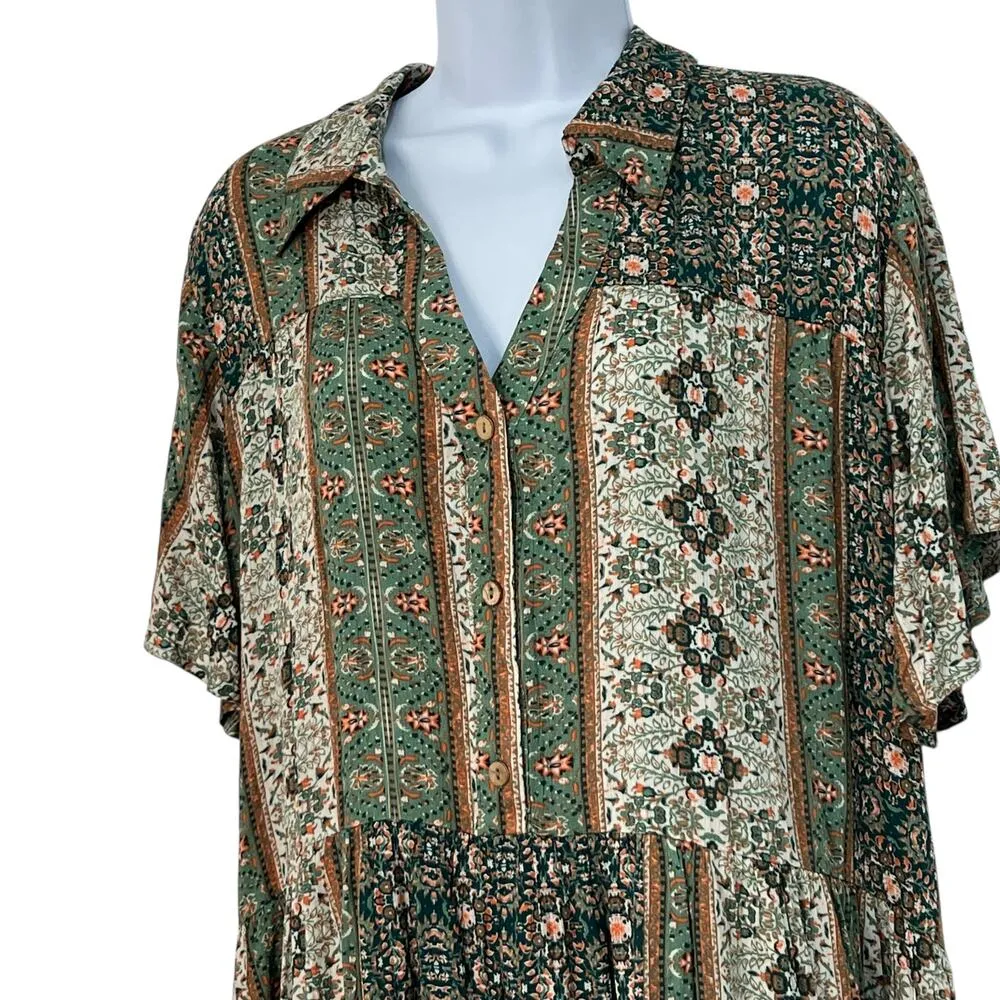 Easel Floral Earthy Geometric Babydoll Dress Sage Green Retro Flair Indie Sz 1X - Image 2