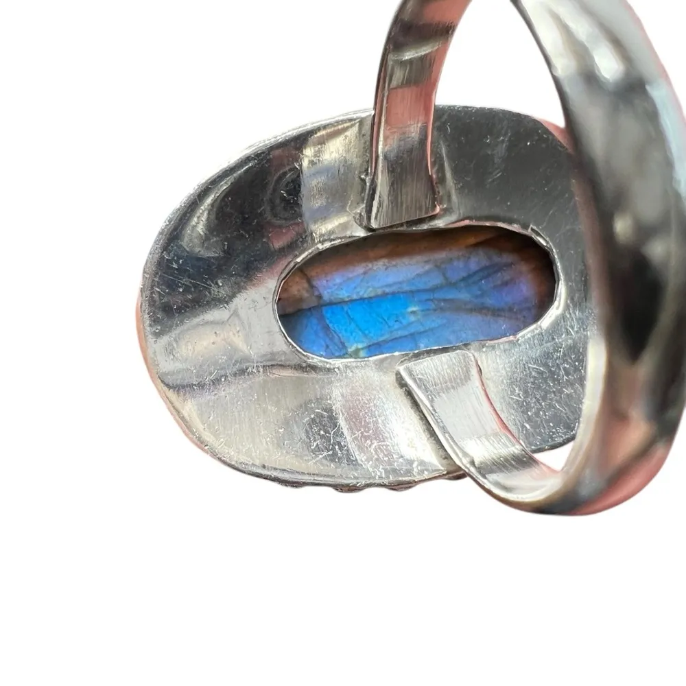 Natural Labradorite Elongated Oval Sterling Silver India Ring Blue - Image 11