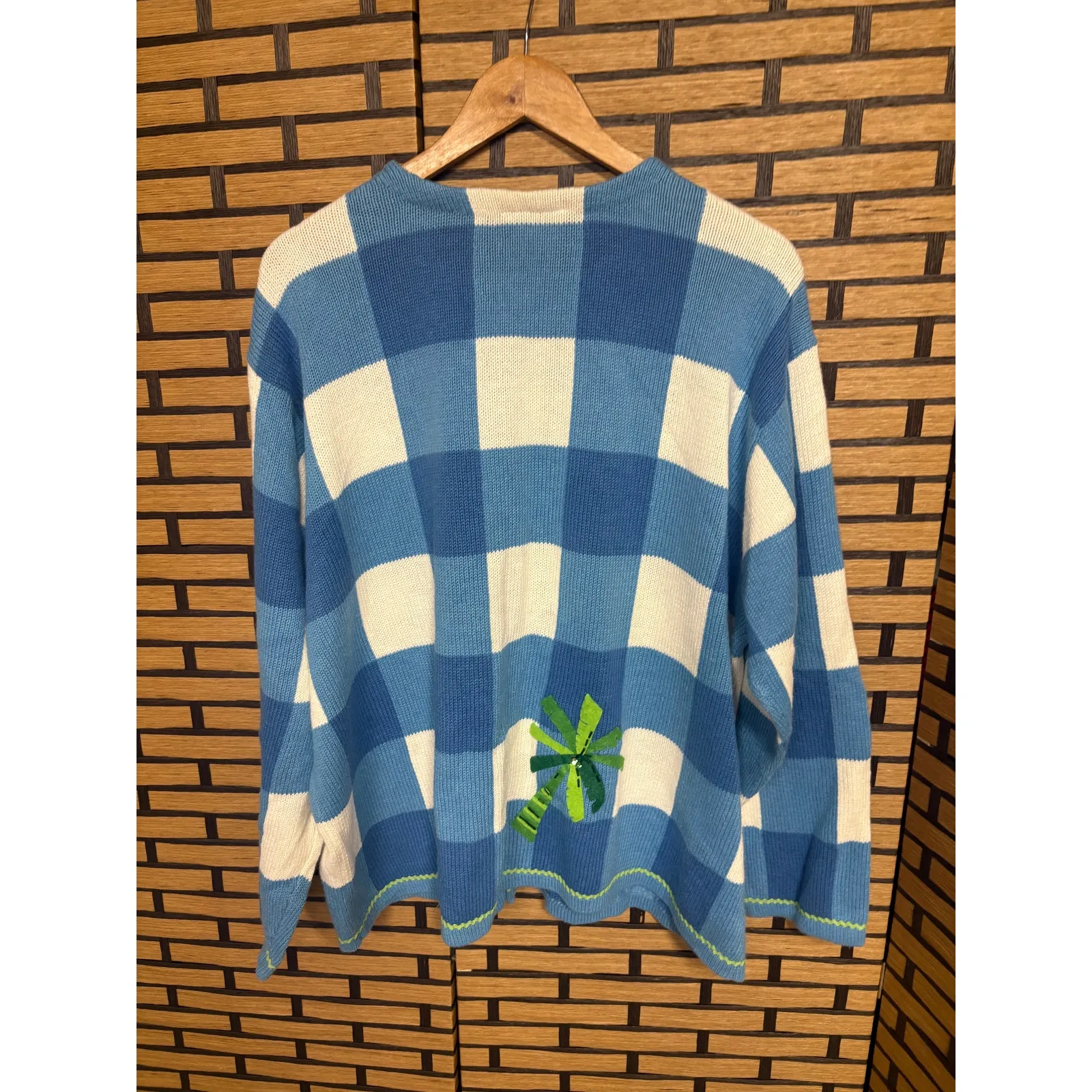 Talbots Blue White Checkered Palm Tree Embroidered Button Front Cardigan Size 2X - Image 2