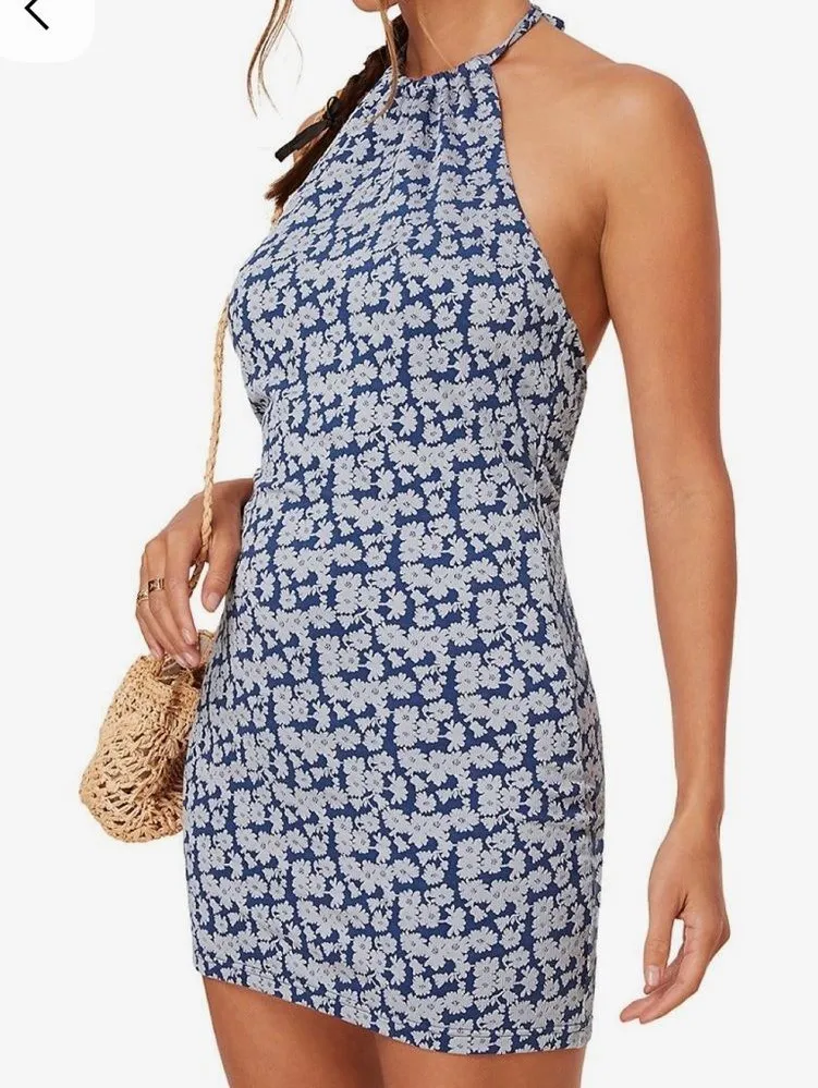 Andie Baja Halter Swim dress + Bikini Bottom Denim Floral Blue sz Small NWOT - Image 1