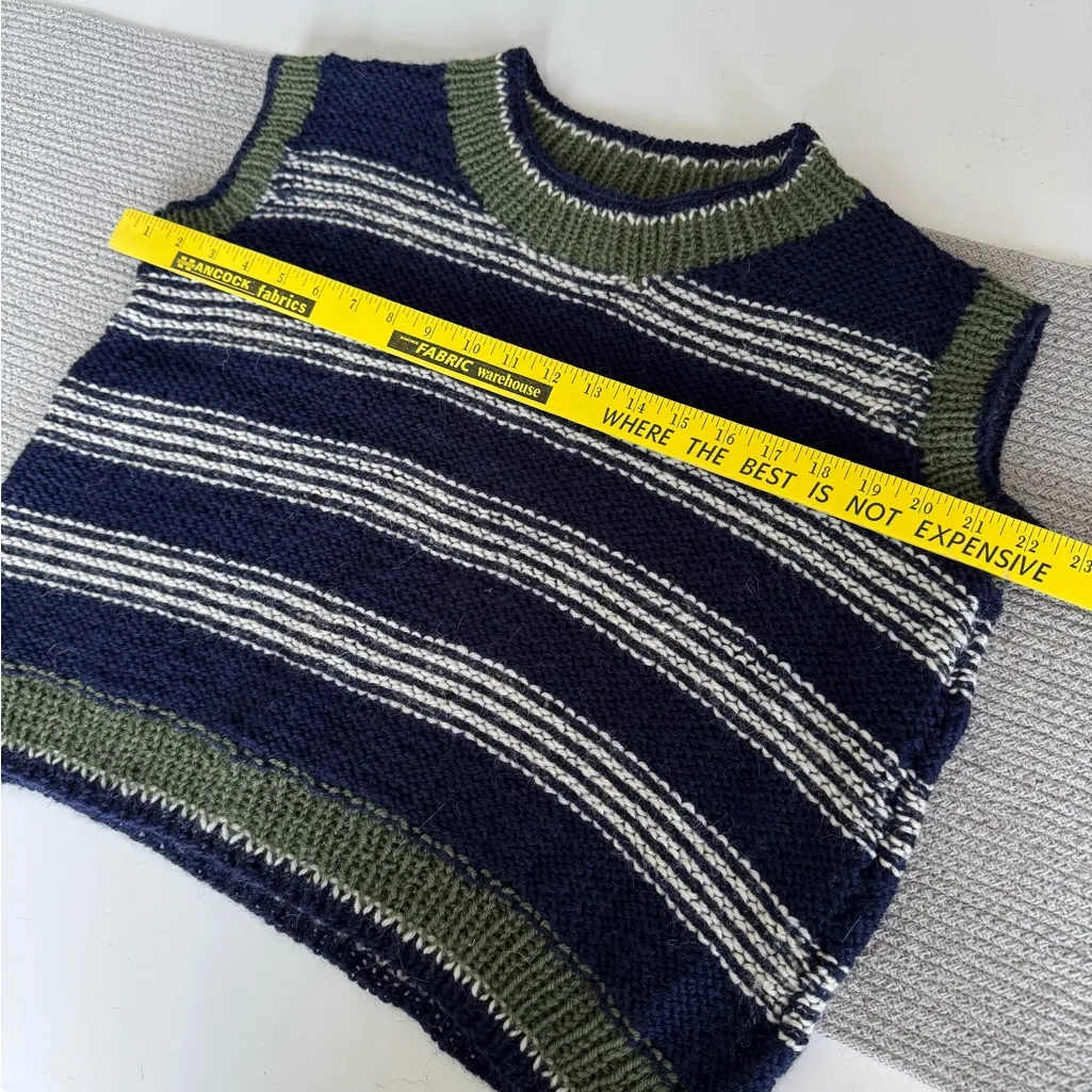 Vintage Handmade Navy Blue Olive Green White Stripe Sweater Vest Size Medium - Image 5