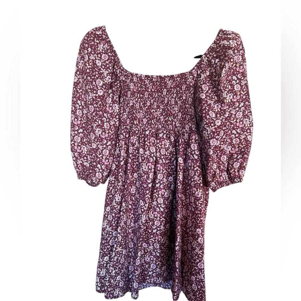 Juniors’ Lily Rose Pleated Bodice Skate Dress XS Wine Floral Puff Sleeve Peasant - Image 2