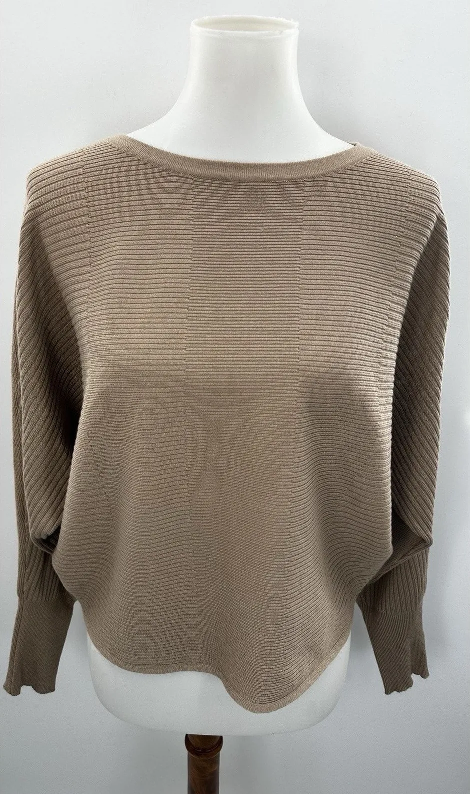 Cable & Gauge Ribbed Knit Sweater Women’s L Taupe Boatneck Relaxed Pullover - Image 1