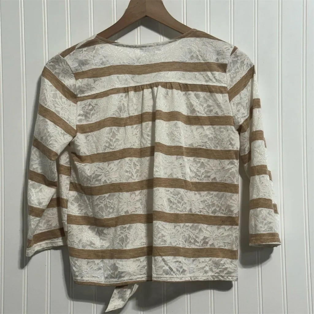 Vtg dELiA*s L Lace Sheer Stripe‎ Tie Front Crop Top Y2K Mesh Cardigan Indie Tan Size L - Image 7