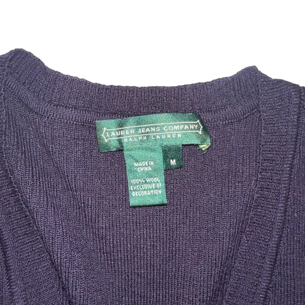Ralph Lauren Jeans Company Wool Ribbed V-Neck Purple Sweater Top MEDIUM W/ Crest - Image 3