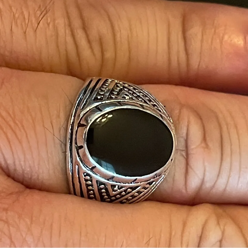 Natural oval black obsidian S925 silver ring size 10.25 - Image 9