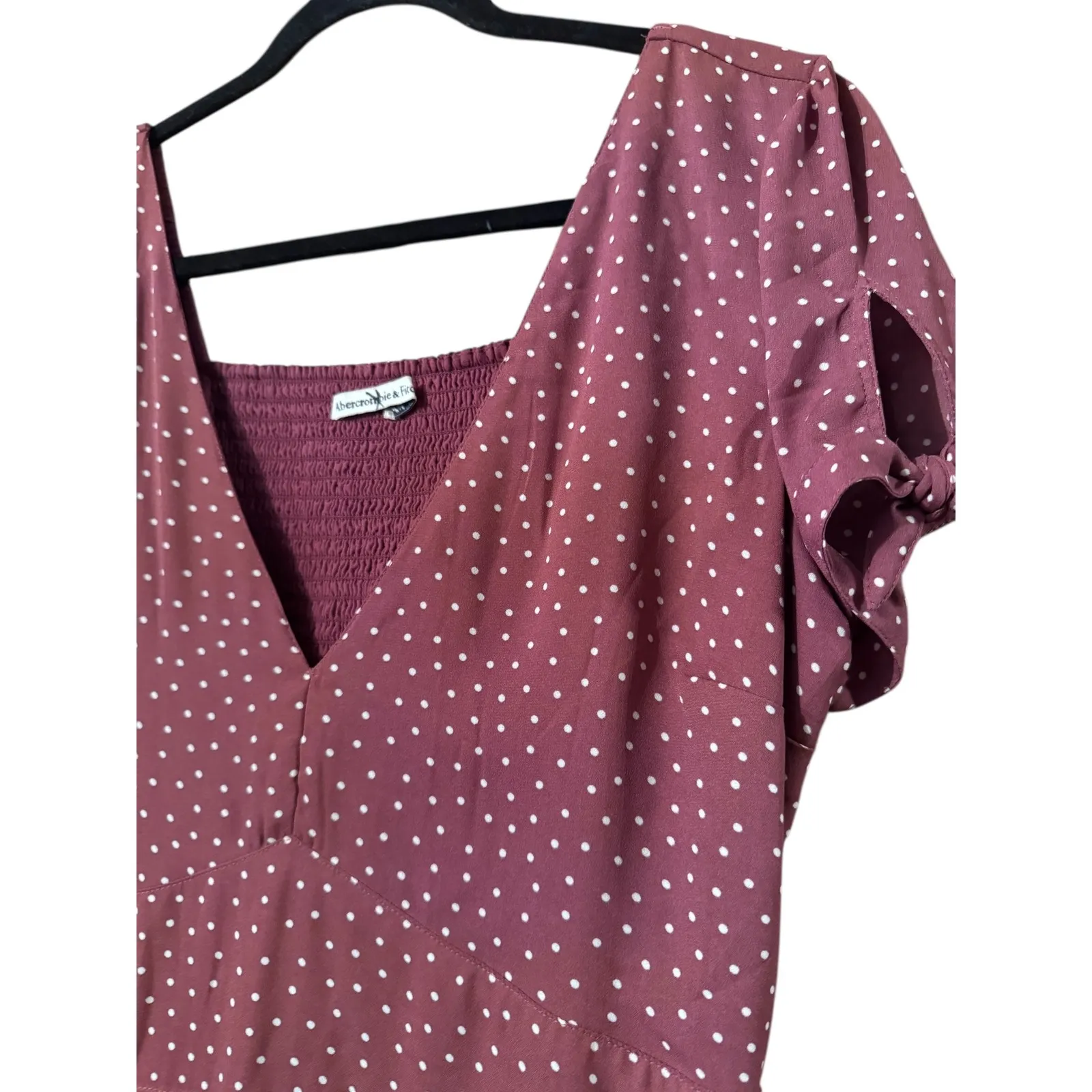 Abercrombie & Fitch Burgundy Polka Dot Smocked 90's Tie Sleeve Mini Dress L - Image 3