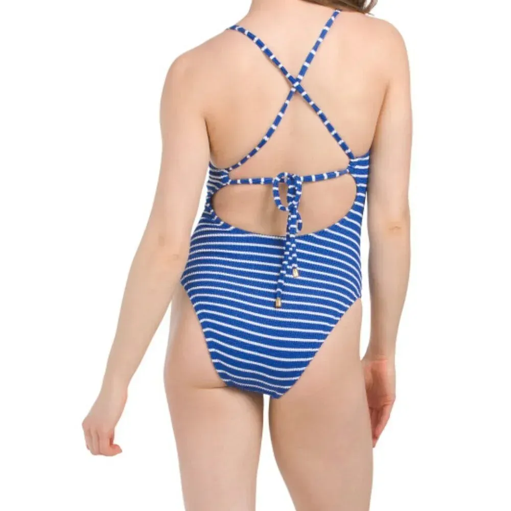 Lucky Brand Keyhole Detail Striped One-piece Swimsuit - Size L - Navy Stripe NWT - Image 2