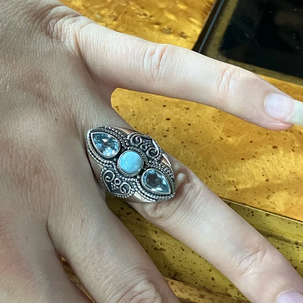 Sky Blue Topaz Larimar Sterling Silver Cocktail Ring Size 7 - Image 4