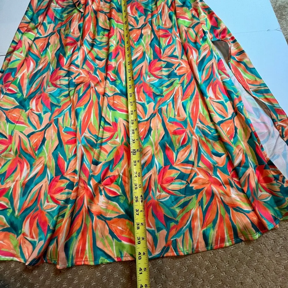 NICOLE MILLER Tropical One Shoulder Maxi Front Slit Dress Fancy Belted 8 Satin - Image 8